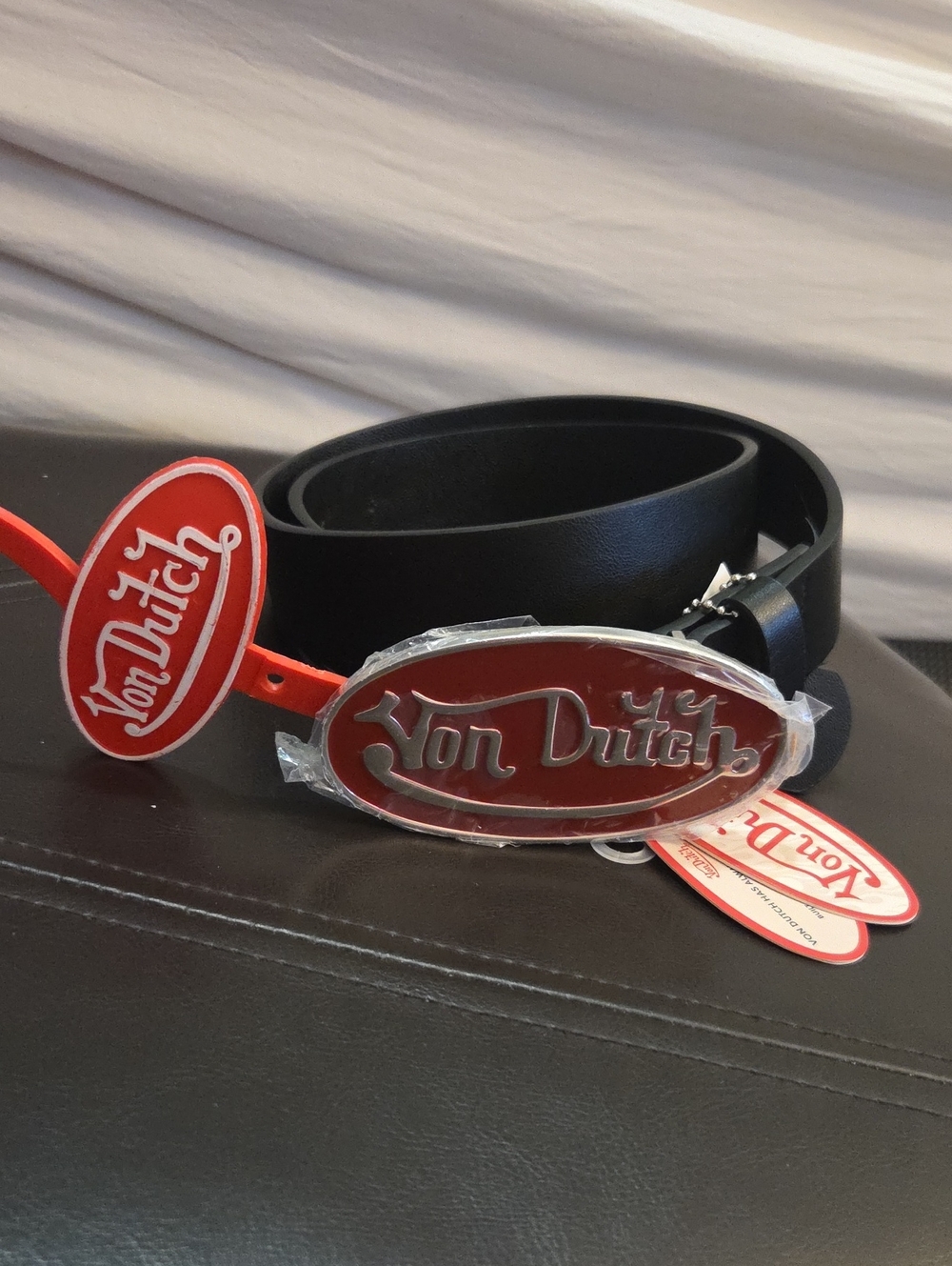 Von Dutch Black Leather Belt with Red Logo Oval Buckle NWT